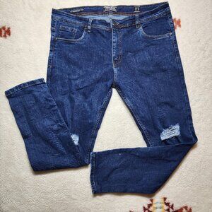 Pull Bear Blue Denim Skinny Jeans 38 x 30 Distressed Dark Wash Mid Rise Stretch